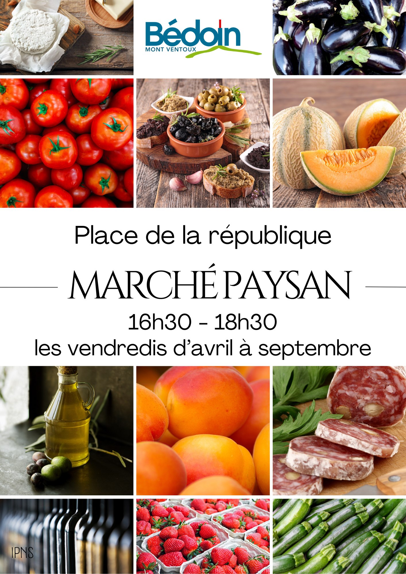 Collage d'articles frais du marché paysan, incluant des tomates, des fruits, de l'huile d'olive, de la charcuterie et des légumes.